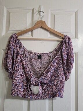Wild Fable Women's Floral Knit V-Neck Puff Sleeve Tie Front Crop Blouse XXL
